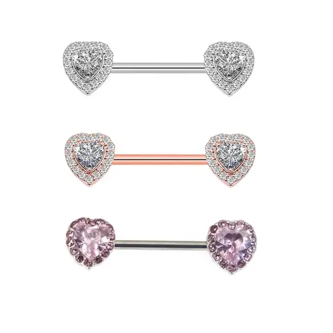 2Pcs Heart Surgical Steel CZ Pink Heart 14G CZ Nipple Rings Barbells nipple jewelry body piercing jewelry Fashion