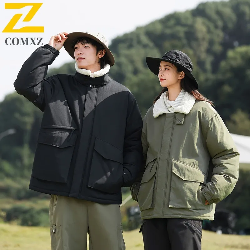 

COMXZ 2025 для мужчин и женщин, пара, однотонная рабочая одежда с воротником-стойкой на подкладке шерпа, повседневная зимняя куртка, модное легкое пальто