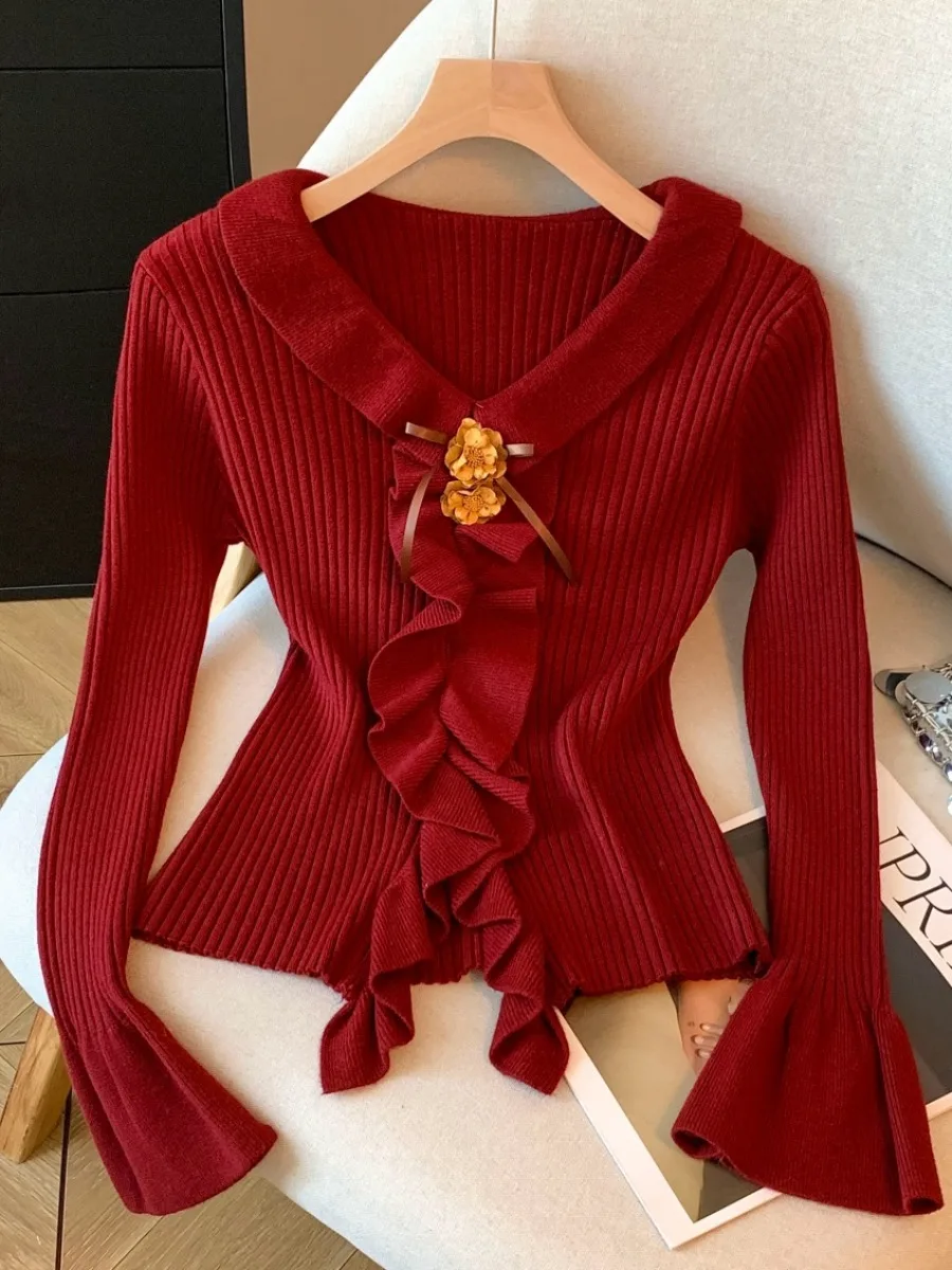 Damen V-Ne Strickwaren Long Sve Bell Sve Bouffant Saum Self-Reserve Sle Koreanische Version Slim Fit Winter Neu eingetroffen