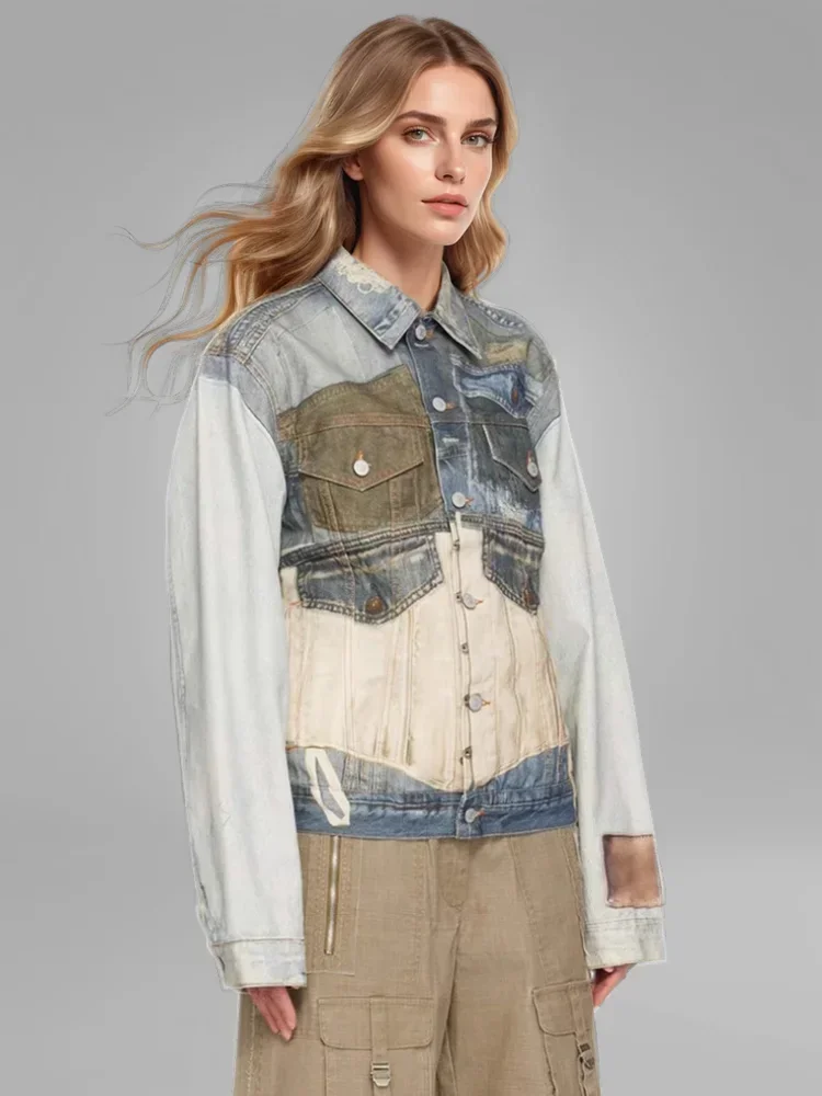 Fashion Women's Print Denim Coat Broken Hole Visual Single Breasted Pockets Streetwear Jackets Autumn 2024 New Tide