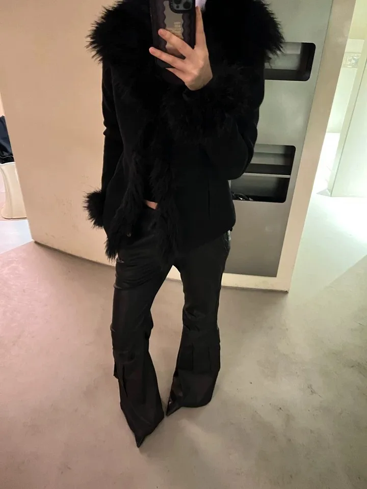 สีดํา Furry Patch Turn-Down COLLAR สั้นเสื้อกันหนาวผู้หญิงโกธิคฤดูใบไม้ผลิฤดูใบไม้ร่วง Y2k Slim Punk Grunge เปิดเสื้อด้านบน