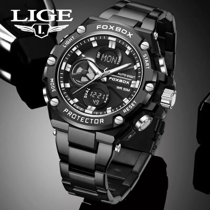 

LIGE Dual Display Digital Men Military Watch 50m Waterproof Wristwatch LED Quartz Clock Sport Watches For Men Relogios Masculino