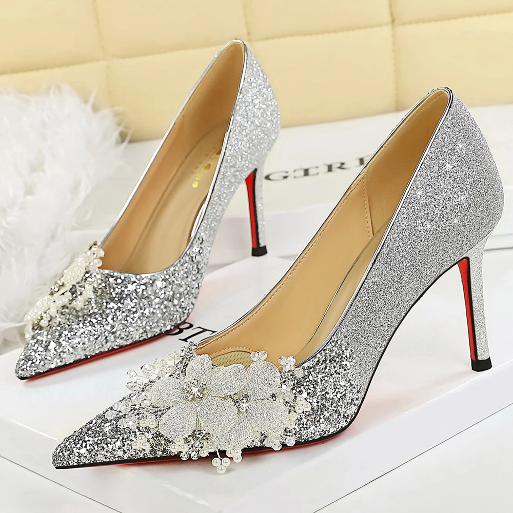 BIGTREE Shoes Women Bridal Shoes Flower Pearl Women Pumps Sequined Wedding Shoes Stiletto High Heels 8 cm Luxury Banquet Shoes