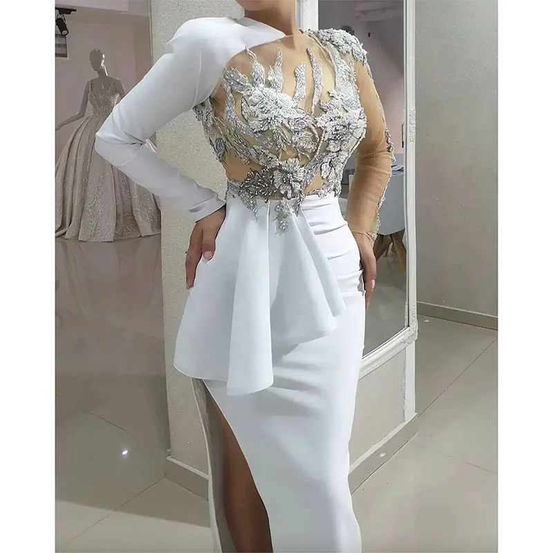 Robe de Soirée Élégante en Dentelle Blanche Perlée, Tenue Sexy à Fente Haute, Manches sulf, Deuxième Réception