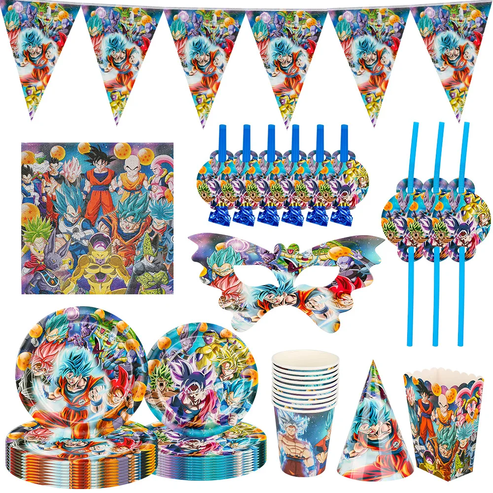Juego de decoraciones para fiesta de DRAGON BALL, artículos para el hogar de dibujos animados, platos de papel, vasos, servilletas, mantel, vajilla desechable