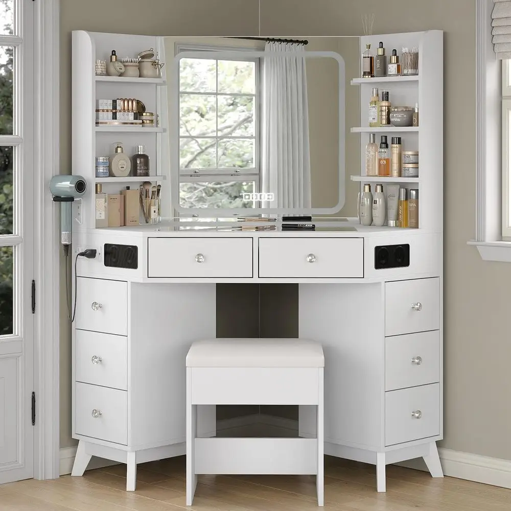 Corner Vanity Desk with Builin Speaker, 8 Drawers amp 6 Shelves, Makeup Vanity with Glass Top, Modern Vanity with Mirror and Li