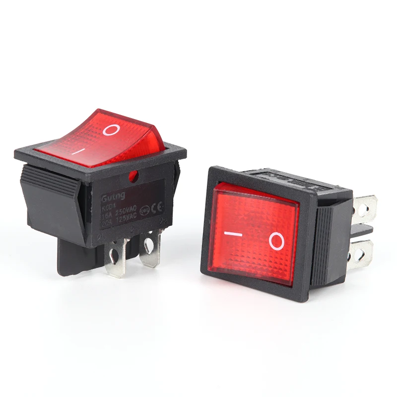 2PCS AC 20A/125V 16A/250V Heavy Duty KCD4 Rocker Switch ON Off DPST 4 Pin With Red Lighted 220V Toggle Switch