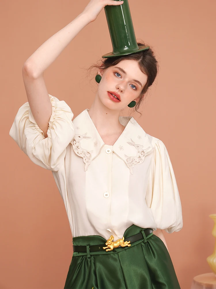 

101-109cm Bust Summer White Shirts Tops Original Design Women Vintage Elegant Loose Hollow Out Embroidery Rabbits Collar Blouses