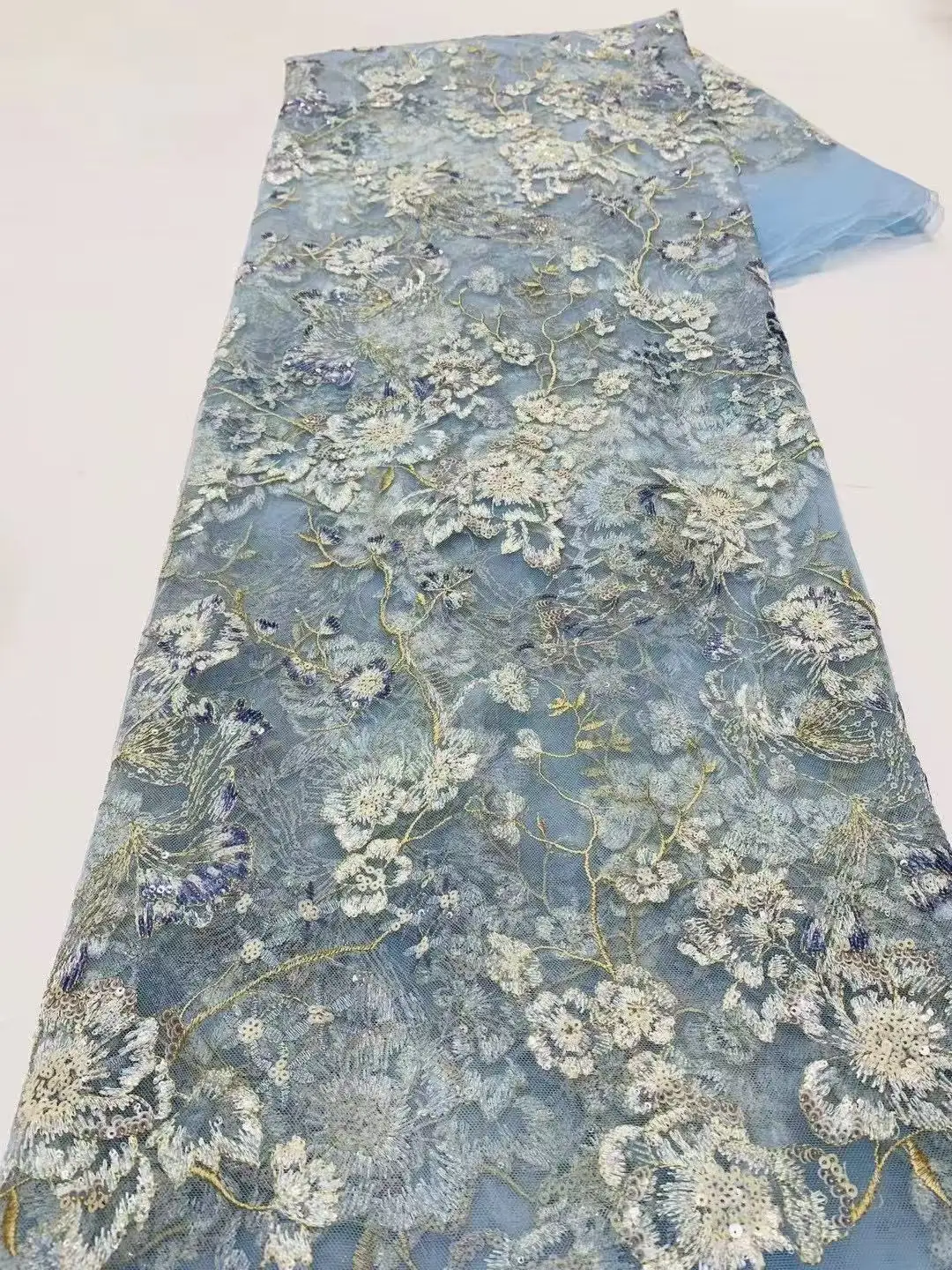 

French Mesh Lace Fabric With Sequins Rope Embroidery African Net Lace Fabric For Luxury Women Wedding Dresses Sewing