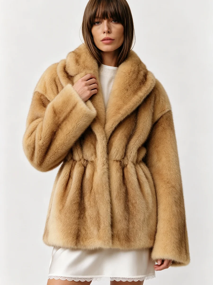 LIMO Women Shawl Lapel Faux Mink Fur Short Coat Pocket Loose Long Sleeve  Warm Winter Elegant Ladies Fluffy Plush Outerwear