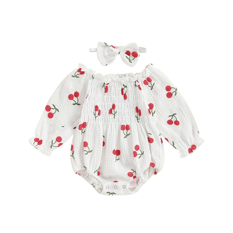 Baby Girl 2Pcs Fall Outfits Long Sleeve Cherry Print Smocked Bodysuit with Headband Set Infant Clothes