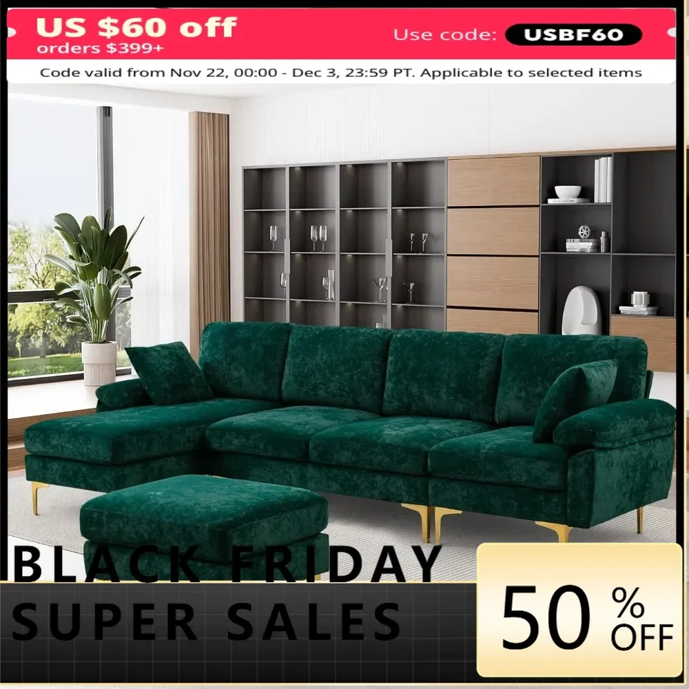 

U-Shaped Sectional Sofa Couch, 4 Seat Sofa Set for Living Room, Convertible L-Shaped Velvet Couch Set with Chaise Lounge