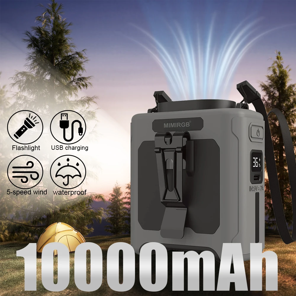 

10000mAh Portable Outdoor Waist Fan Hanging Neck Strong Wind with Power Bank LED Lighting for Emergency Sports Outdoor Working