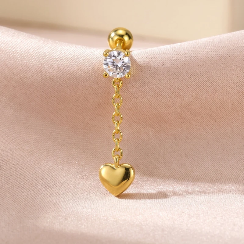 Heart Charm Dangle Earring for Women, Round CZ Solitaire with Long Chain Drop, Gold Color Romantic Jewelry Gift