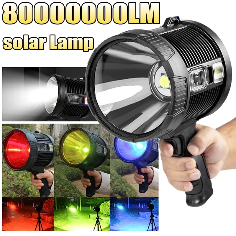 LED Super Bright Concentrated Solar Flashlight with 3 Color Filters Rechargeable Handheld Searchlight Outdoor Camping Hunting