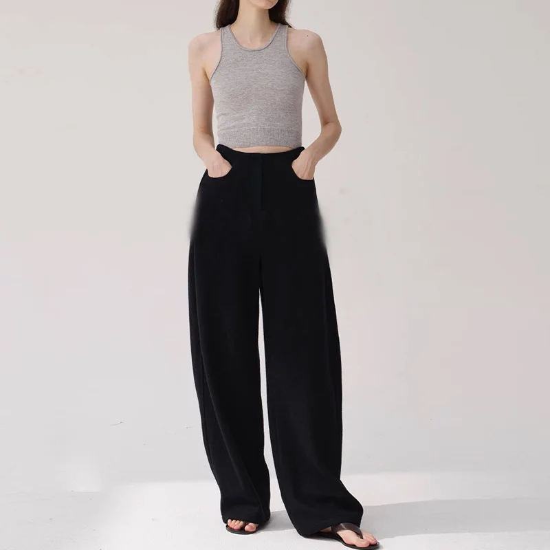 EAEOVNI Minimalistische effen kleur lange broek dames hoge taille casual losse wijde pijpen broek mode 2026 nieuwe kleding