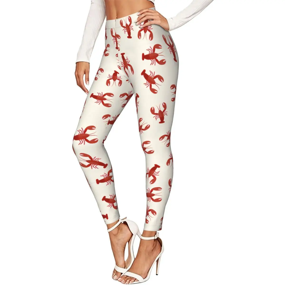 Women Full Length Elastic Leggings High Waist Tight Pants Lobster Pattern Casual Bottoms