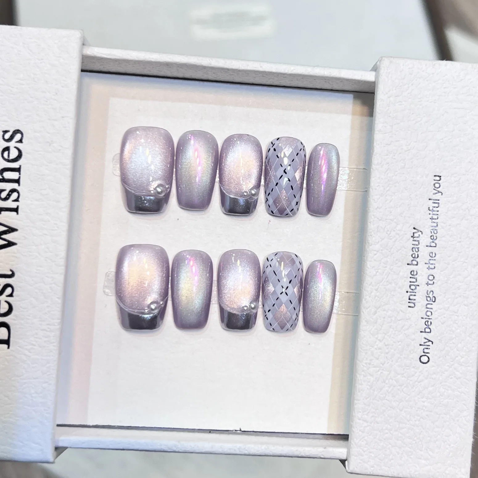 10pcs Halloween Press On Nails Mirror Aurora French Ribbon Purple False Nail for Women&Girl Removable Wearable Fake Nail Art