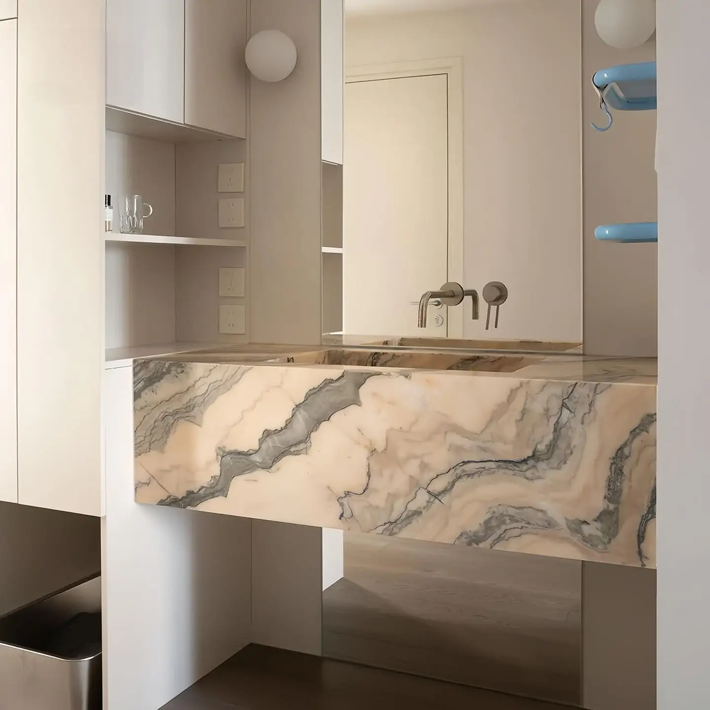 

Vintage Blush Wall-Mounted Sink | Narrow Rim Deep Basin | Italian Minimalist Seamless Stone Vanity | Integrated Bathroom Sink