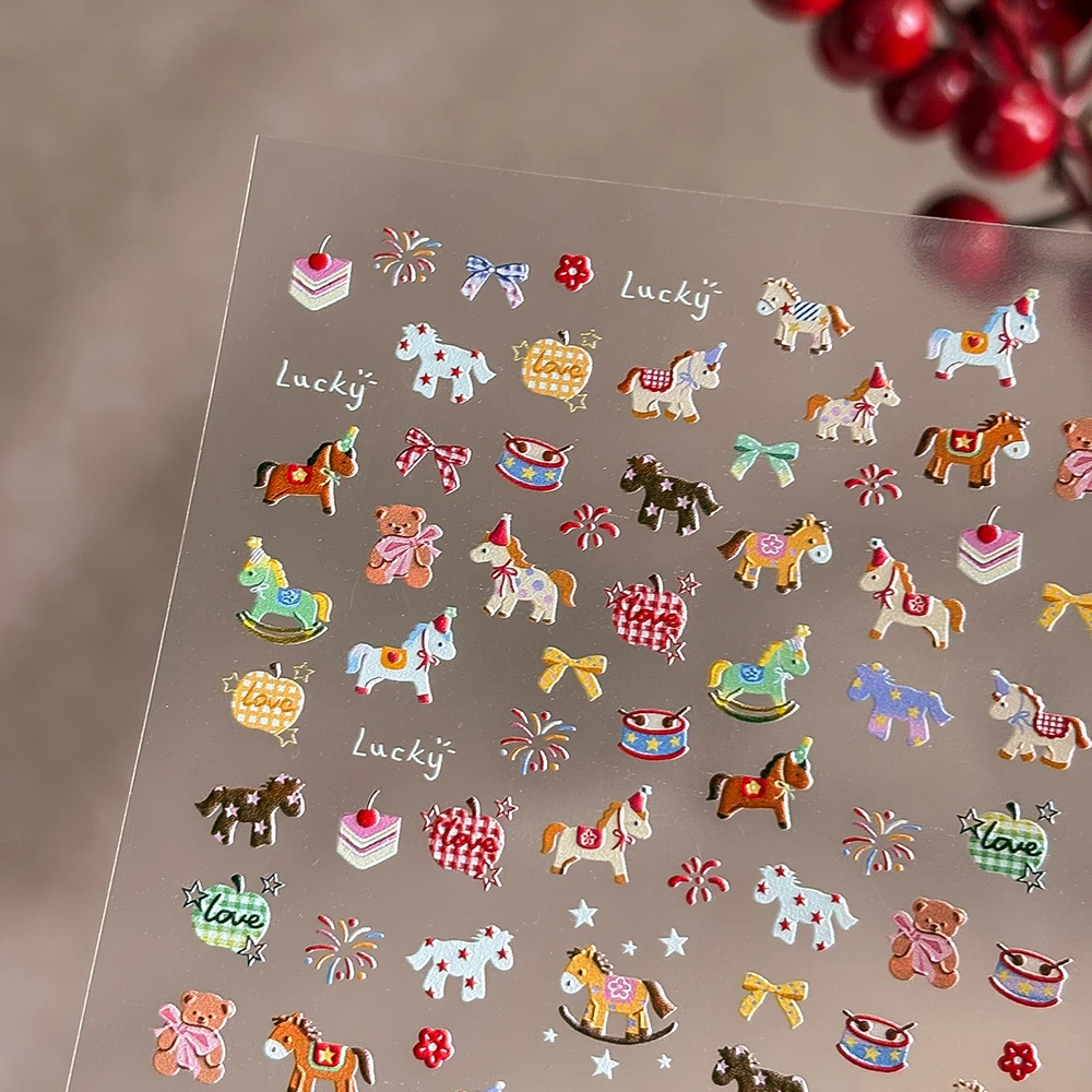 1Pcs 5D Relief Cartoon Horse Nail Stickers Cute Bow Firework Bear Flower Polka Dots Nails Decals Self-adhesive Manicure Sliders