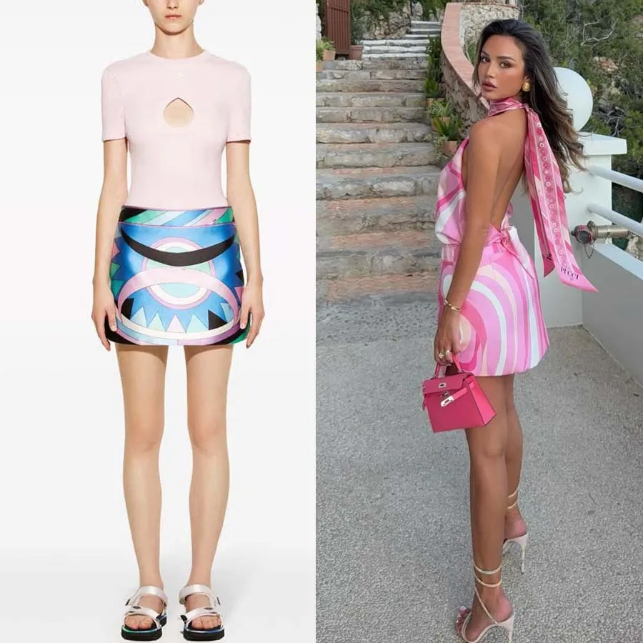 

Women Mini Skirt Spring Summer New Satin Printed Half Skirt Vacation Casual High Waist Slim Sexy