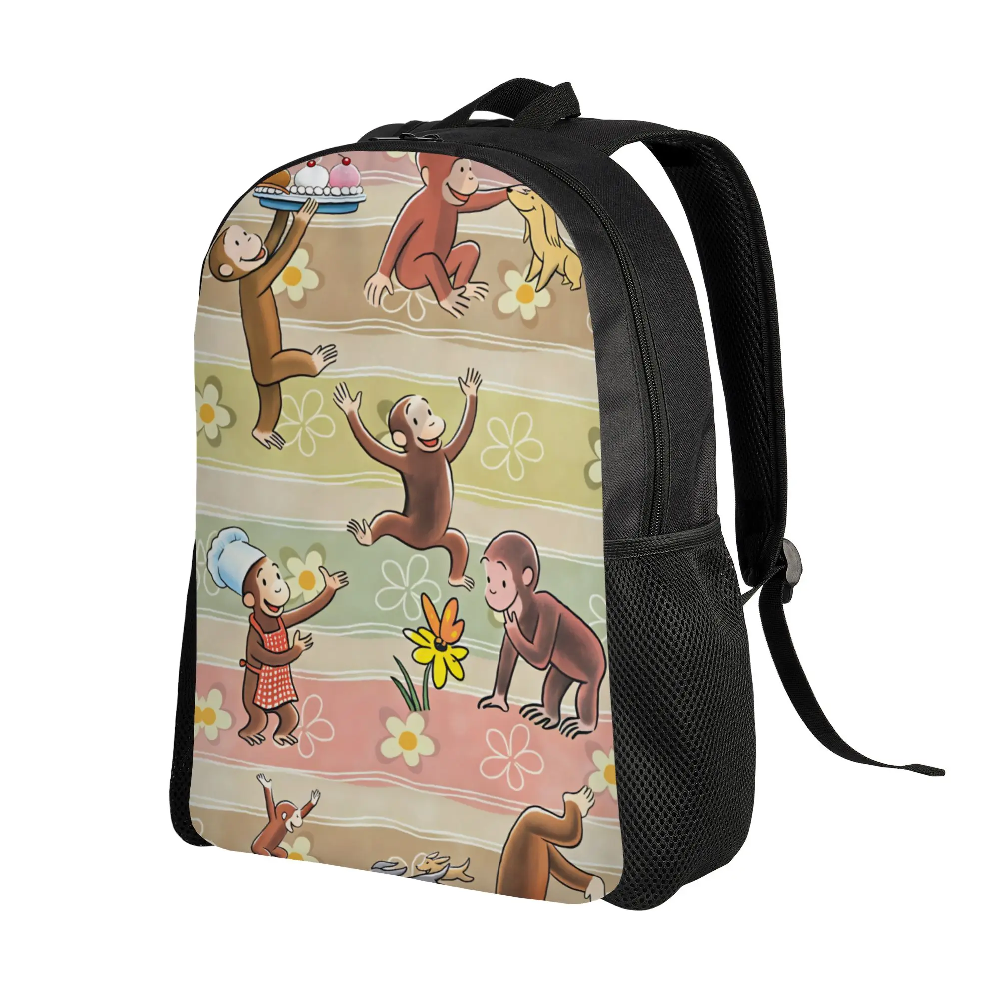Curious George Floral Multi Scene Print Backpack  Women Men Polyester Sport Backpacks Pattern Kawaii High School Bags Rucksack