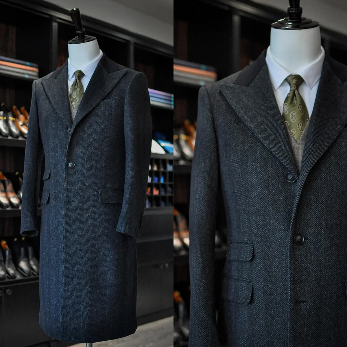 Herringbone Men Long Coat For Wedding Windbreak Peaked Lapel Single Breasted Slim Fit Overcoat Custom Made Only Jacket