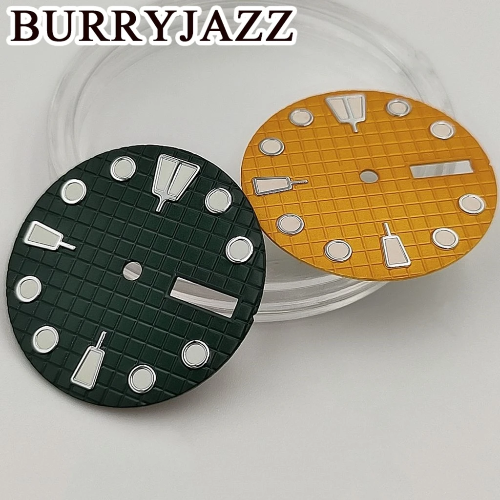 BURRYJAZZ 28.5mm No Logo NH36 Watch Dials Black Yellow Green Brown Dial Green Luminous Fit 3 O'clock 3.8 O'clock Case Crown