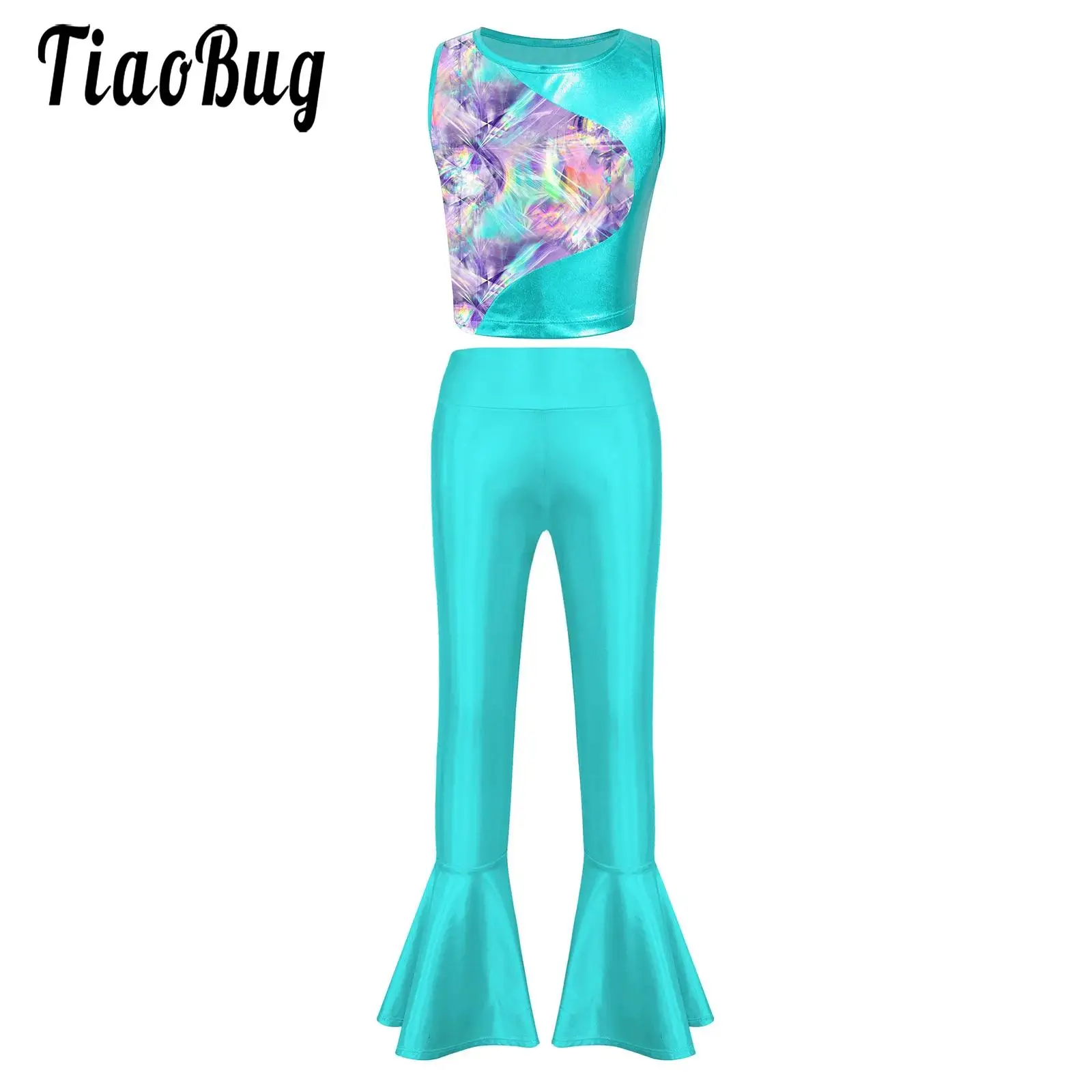 

Kids Girls Dance Set Cheerleaders Modern Dancing Sleeveless Crop Top and Bell-bottoms Pants for Performance Competition Training
