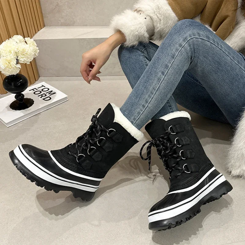 Bottes de neige imperméables d'hiver, bottes de Ski de randonnée en plein air, doublure polaire chaude et épaisse, confortables, antidérapantes, mi-mollet, à lacets, pour Couples