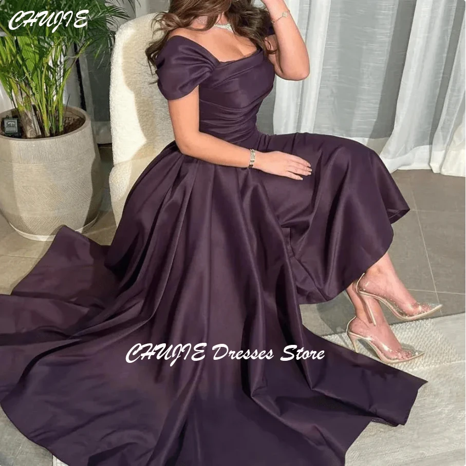 

Plum Off Shoulder Evening Dresses Side Train Woman Modest Pleat Wedding Cocktail Party Dress Formal Gowns Prom Dress Customized