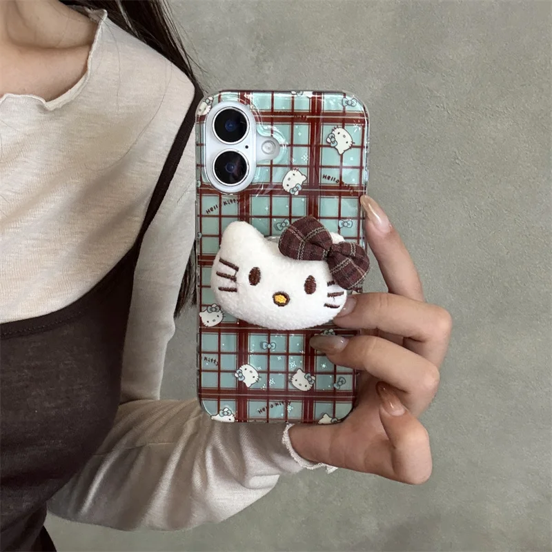 

Fashion Blue Brown Plaid Pattern Hellokitty Phone Case For iPhone 17 Pro 16 14 15 Pro Max Cover with Stand Cartoon Cases