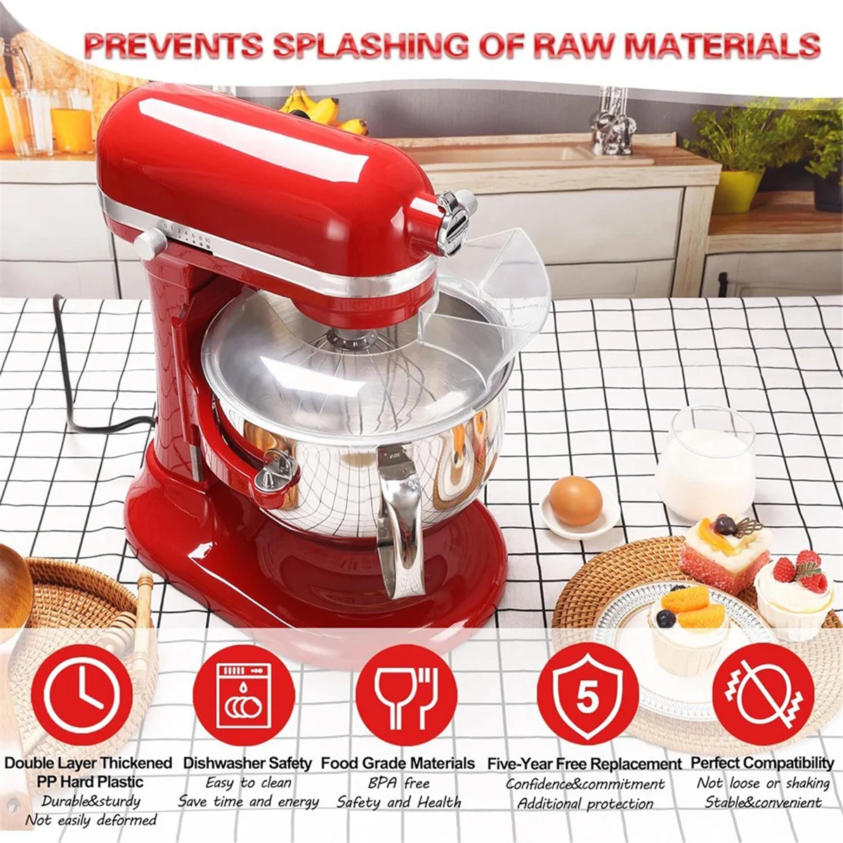 เทโล่สำหรับ KitchenAid 5.5 QUART 6, 7, 8 QT ชามสแตนเลสแบบยกขาตั้งอุปกรณ์ป้องกันน้ำกระเซ็น