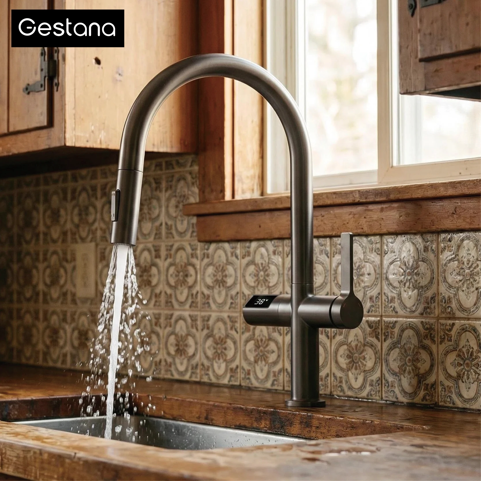 

Gun Gray Kitchen Sink Tap Pull Out Design Infrared Induction Faucet with LED Digital Display Single Handle Hot Cold Mixer