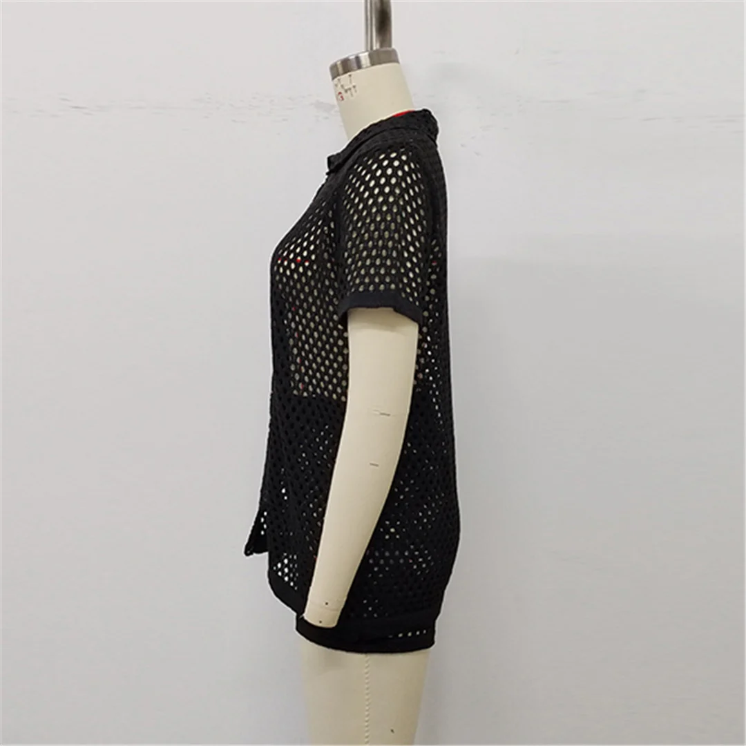 Kurzarm-Häkel-Strick-2-Teiler-Set, Tunika, Strand-Überwurf, Strandshorts, Strandkleidung, Damen V6744 – Detail 19