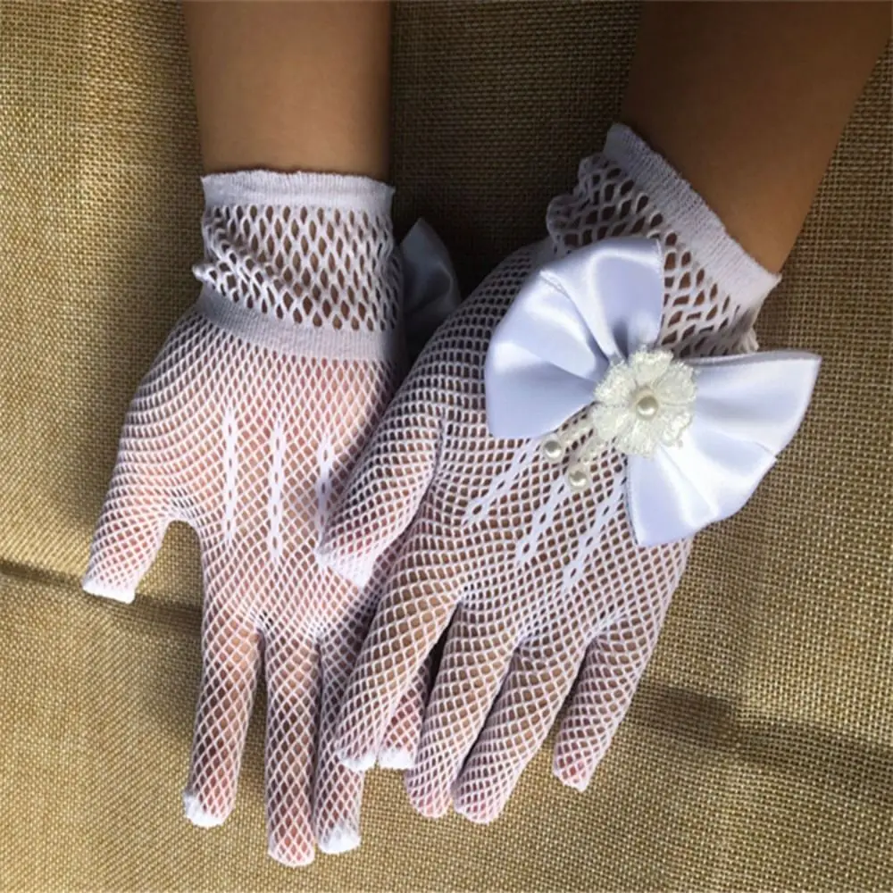 New Short Children's Wedding Gloves Bow Knot Thin Lace Mesh Gloves Etiquette Dress Gloves Holiday Princess Birthday Party Gloves