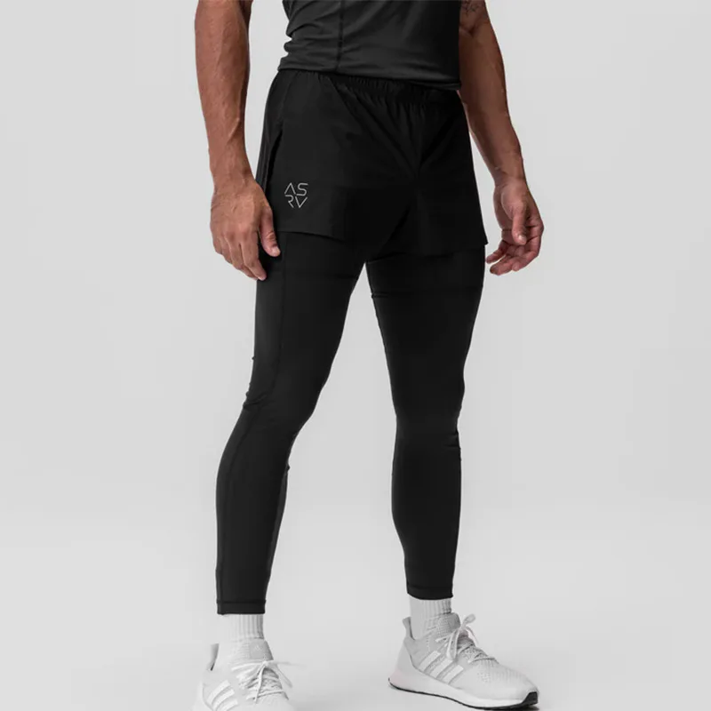 Mens Skinny 2 in 1 Double-deck Compression Leggings Pants Sports Quick Dry Stretchy Workout Gym Fitness Running Jogging Trousers