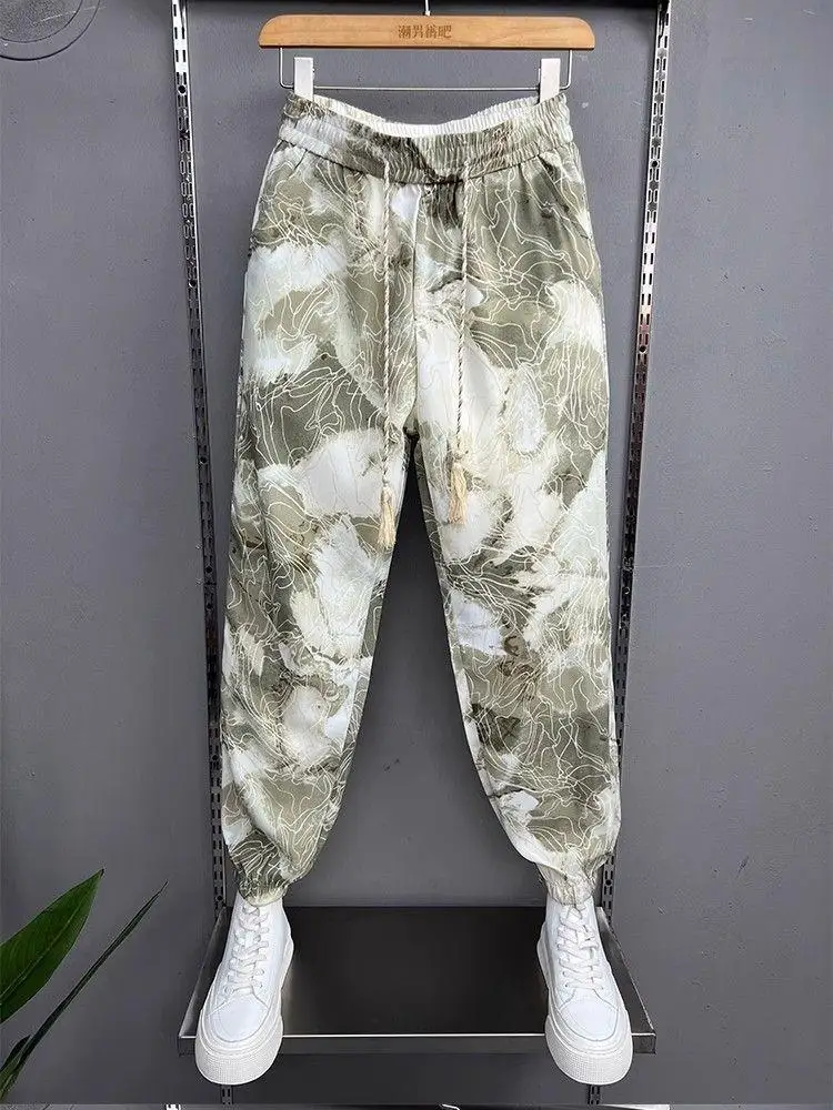 Spring Summer New Men's Loose-Fit Harem Pants Trendy Breathable Thin Ice Silk Tie Dye Colorful Small Feet Pants Versatile