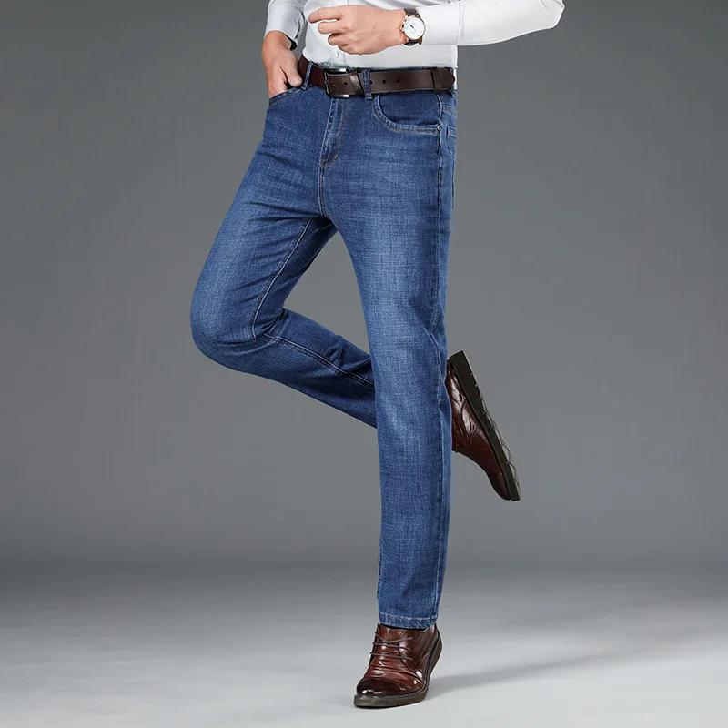 

Autumn Winter Thick Jeans Men Elastic Business Loose Straight Middle-Aged Versatile Work Pants
