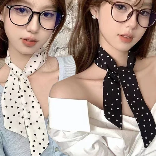 Bufanda de seda fina de estilo coreano para mujer, pañuelos para la cabeza a la moda, pañuelo largo de seda con patrón de puntos clásico Vintage, bolso, bufandas para el cuello para mujer