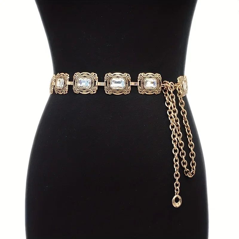 Boho Engraved Metal Chain Belt Rhinestone Inlaid Vintage Waist Chain Women's Coat Dress Tassel Chain Accessories