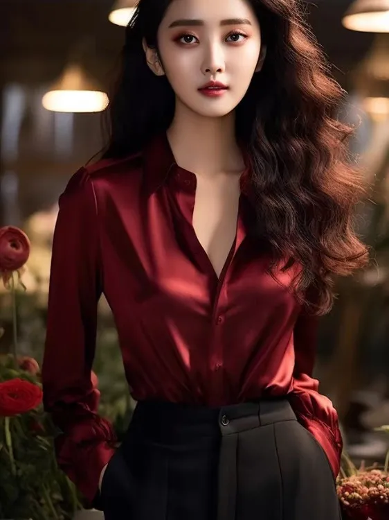 

Ele Red Silk irt Women's Faionable Base Layer Top Long Sve Straight Cut Versatile Button down Ne Spring 2025