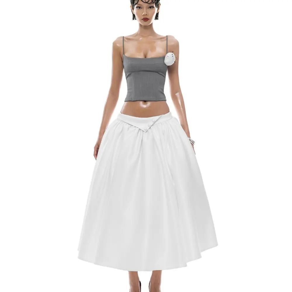 

White A-Line Midi Skirt High Waist Pleated Flared Skirt with Back Slit New Fashion Elegant Women's Skirt Vintage Style Casual