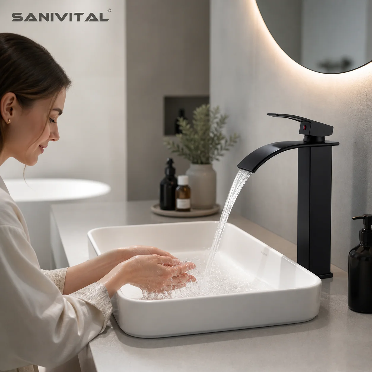 SANIVITAL Matte Black Stainless Steel Waterfall Bathroom Basin Faucet Single Lever Hot Cold Water Mixer Tap for Bathroom