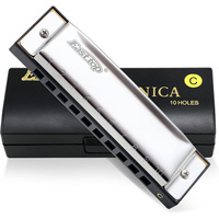 Harmonica Key of C 10 Hole Stainless Steel Diatonic Blues Harmonica Mouth Organ for Beginners Student With Case Silver
