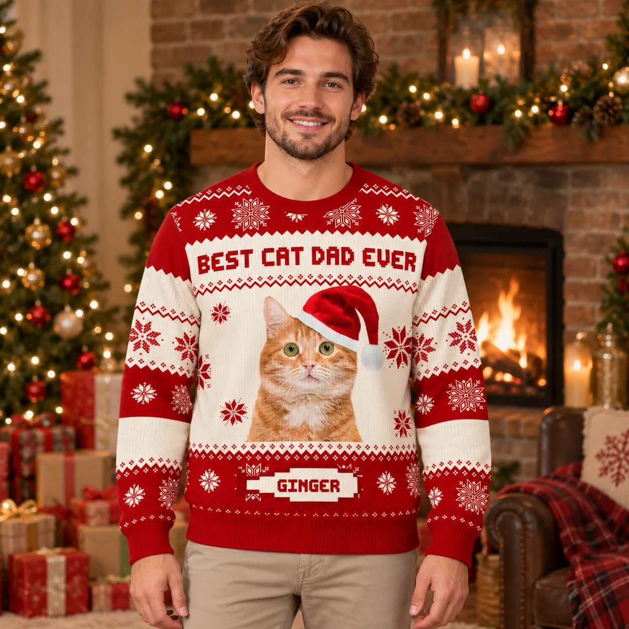 DIY Ugly Christmas Sweater Cat Photo and Pet Name Print Santa Hat Crewneck Sweatshirt Festive Sweaters for Cat Dads and Moms