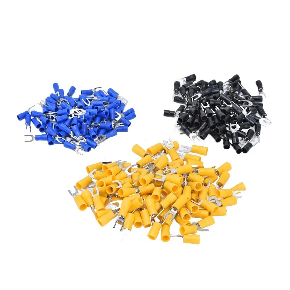 

300 шт. SV1.25-4 + SV2-4 + SV5.5-4 изолированные вилочные лопаточные клеммы черный, синий, желтый практичные электрические обжимные клеммы