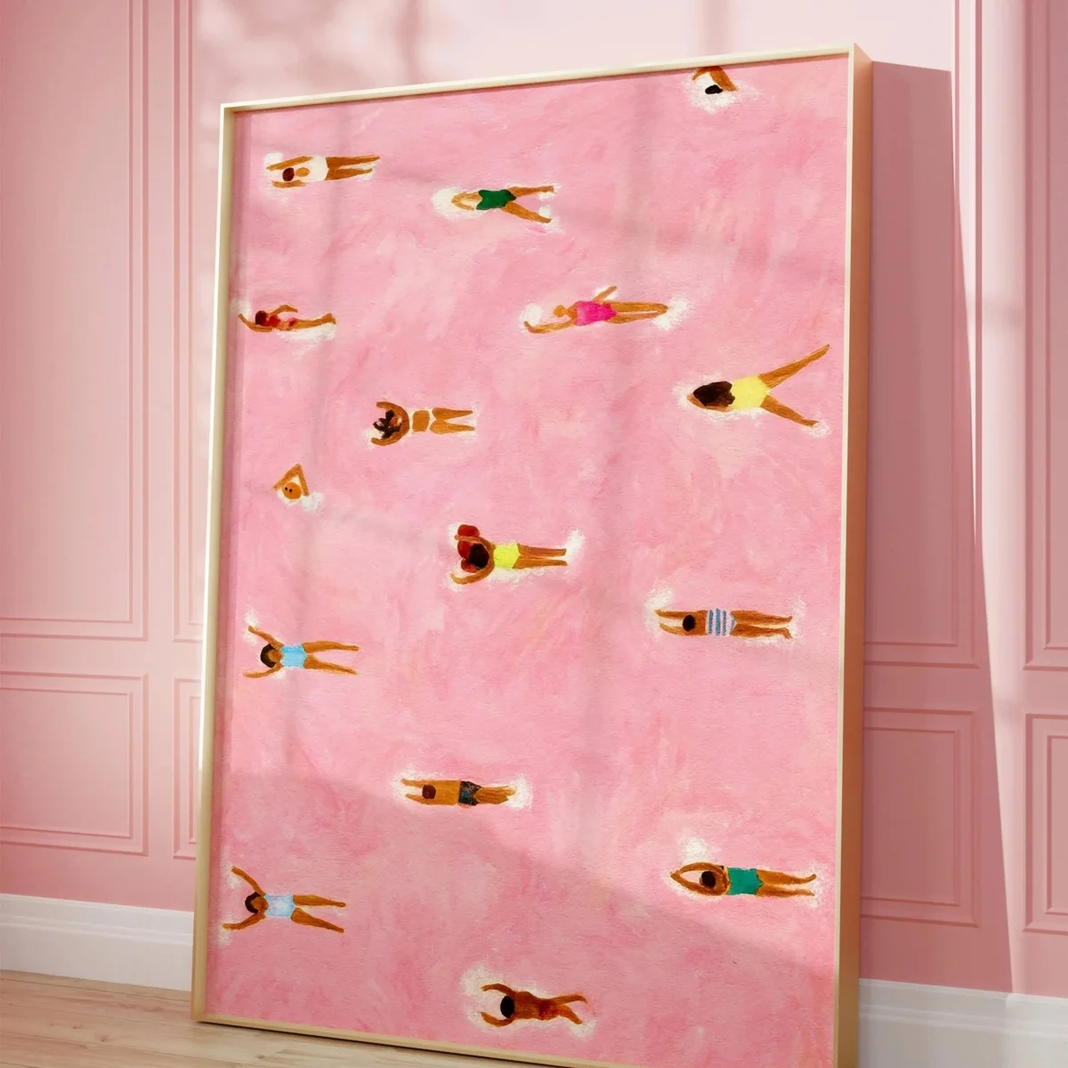 Póster impreso en lienzo de Tiny People Swimming in Pink Beach, minimalismo moderno, impresiones de arte abstracto, arte de pared para dormitorio, póster decorativo para el hogar