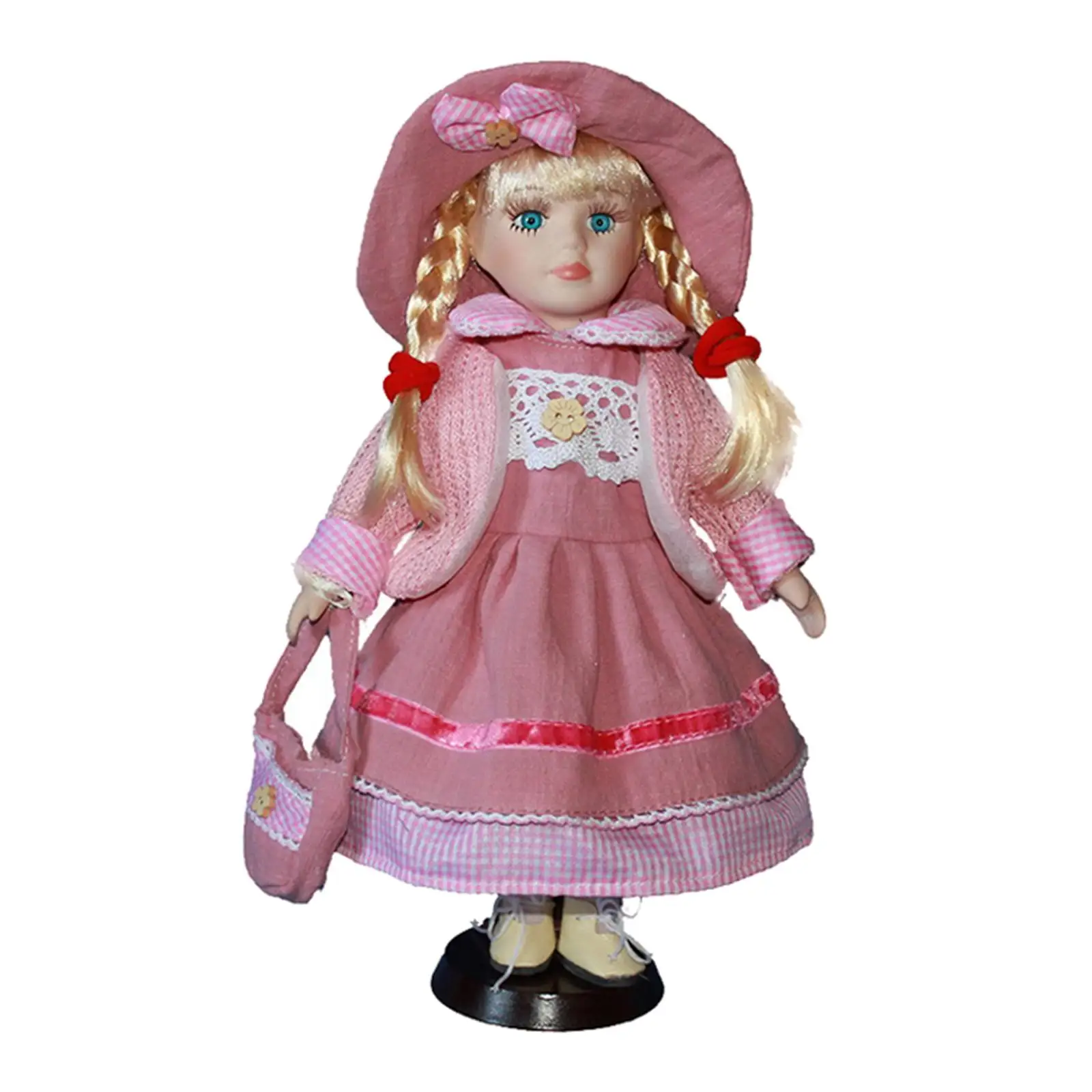 30cm Victorian Porcelain Doll with Pink Clothes & Stand Home Display Decor