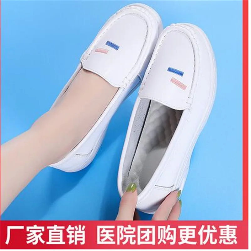 Women White Nurse Shoes Soft Sole Genuine Leather Female Slip-on Ballet Footwear Nurse Work Loafers High Quality Plus Size 34-40
